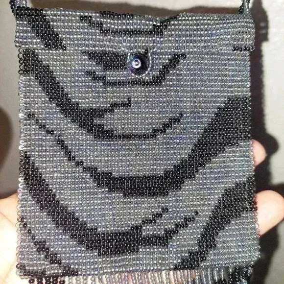 Vintage Zebra Print Full Beaded Evening Crossbody Fringe Small Bag - Picture 9 of 9